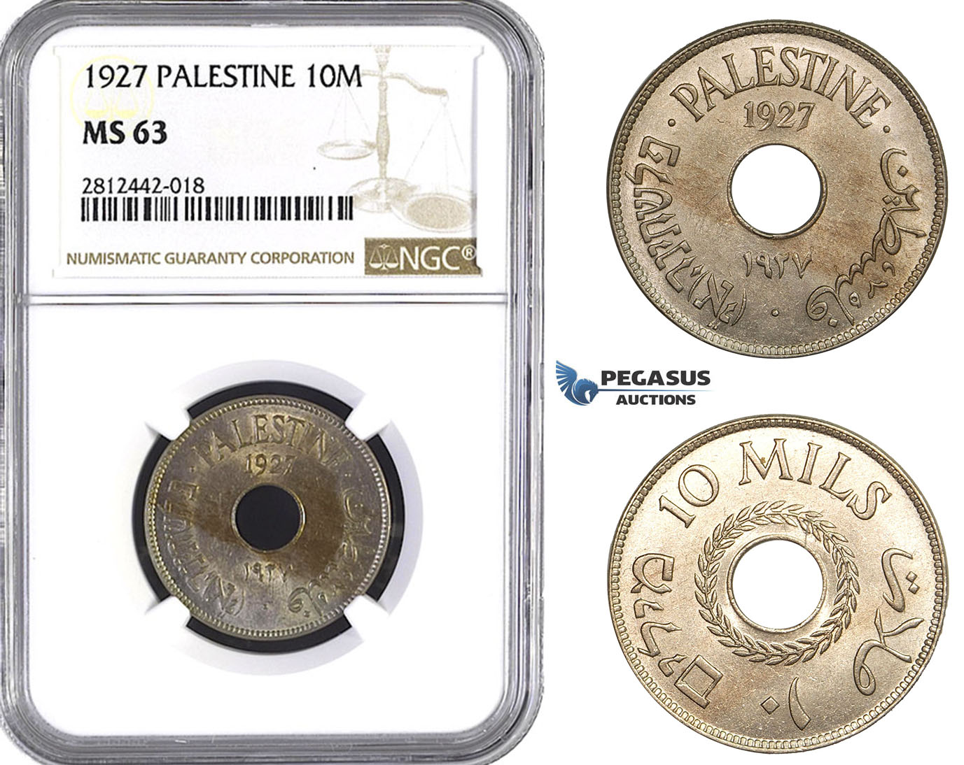 AA067, Palestine, 10 Mils 1927, London, NGC MS63