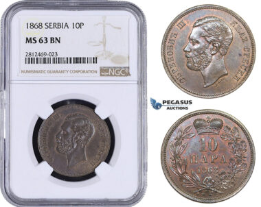 AA084, Serbia, M. Obrenovic III, 10 Para 1868, NGC MS63BN