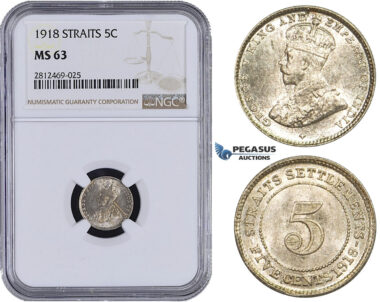 AA087, Straits Settlements, George V, 5 Cents 1918, Silver, NGC MS63