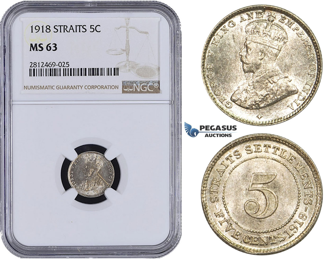 AA087, Straits Settlements, George V, 5 Cents 1918, Silver, NGC MS63