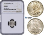 AA089, Straits Settlements, George V, 5 Cents 1918, Silver, NGC MS63