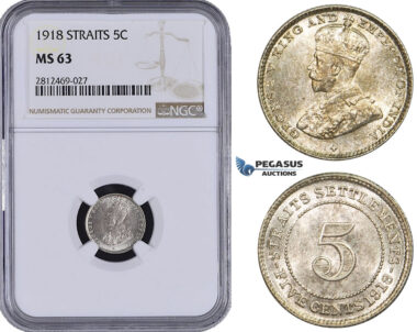AA089, Straits Settlements, George V, 5 Cents 1918, Silver, NGC MS63