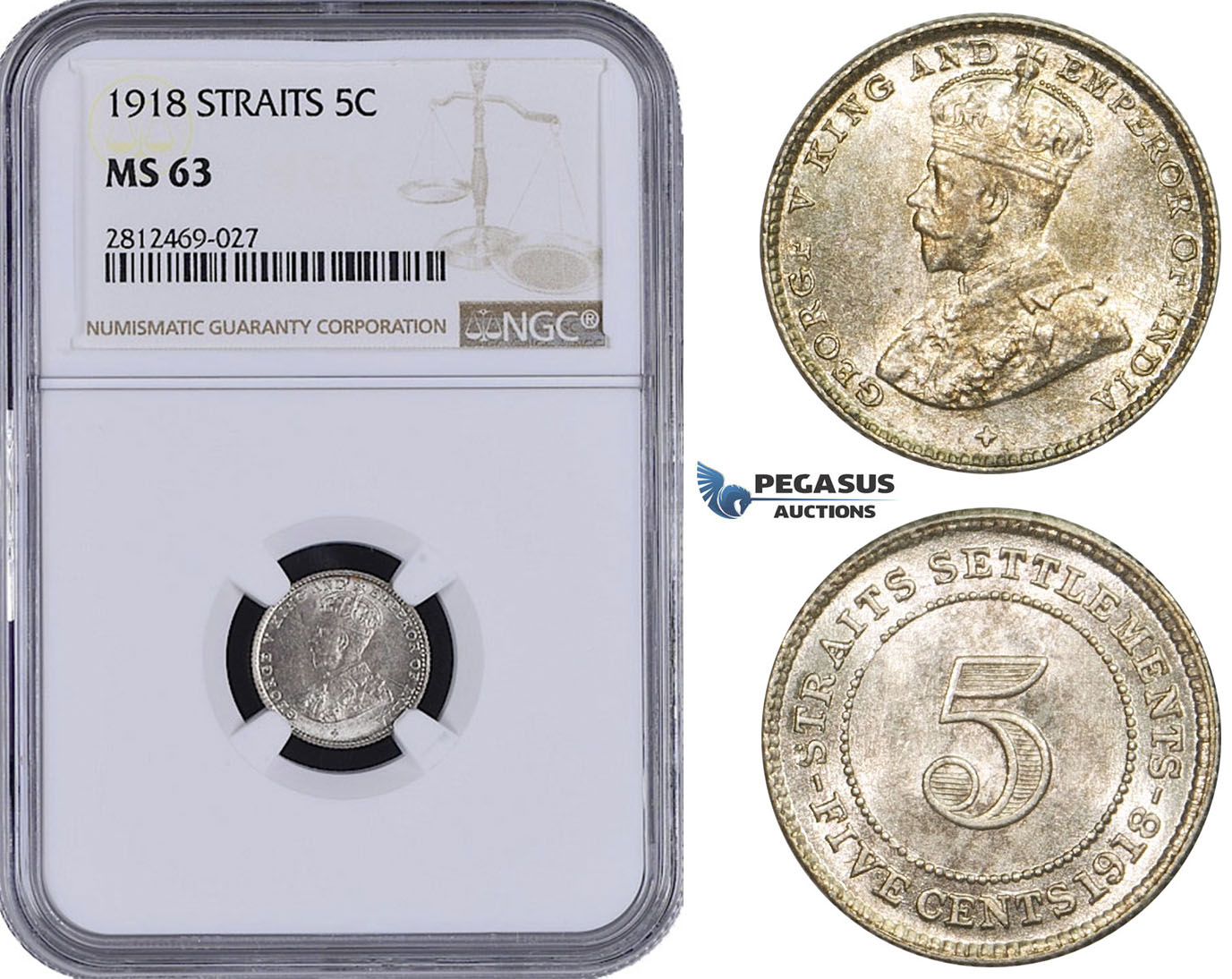 AA089, Straits Settlements, George V, 5 Cents 1918, Silver, NGC MS63