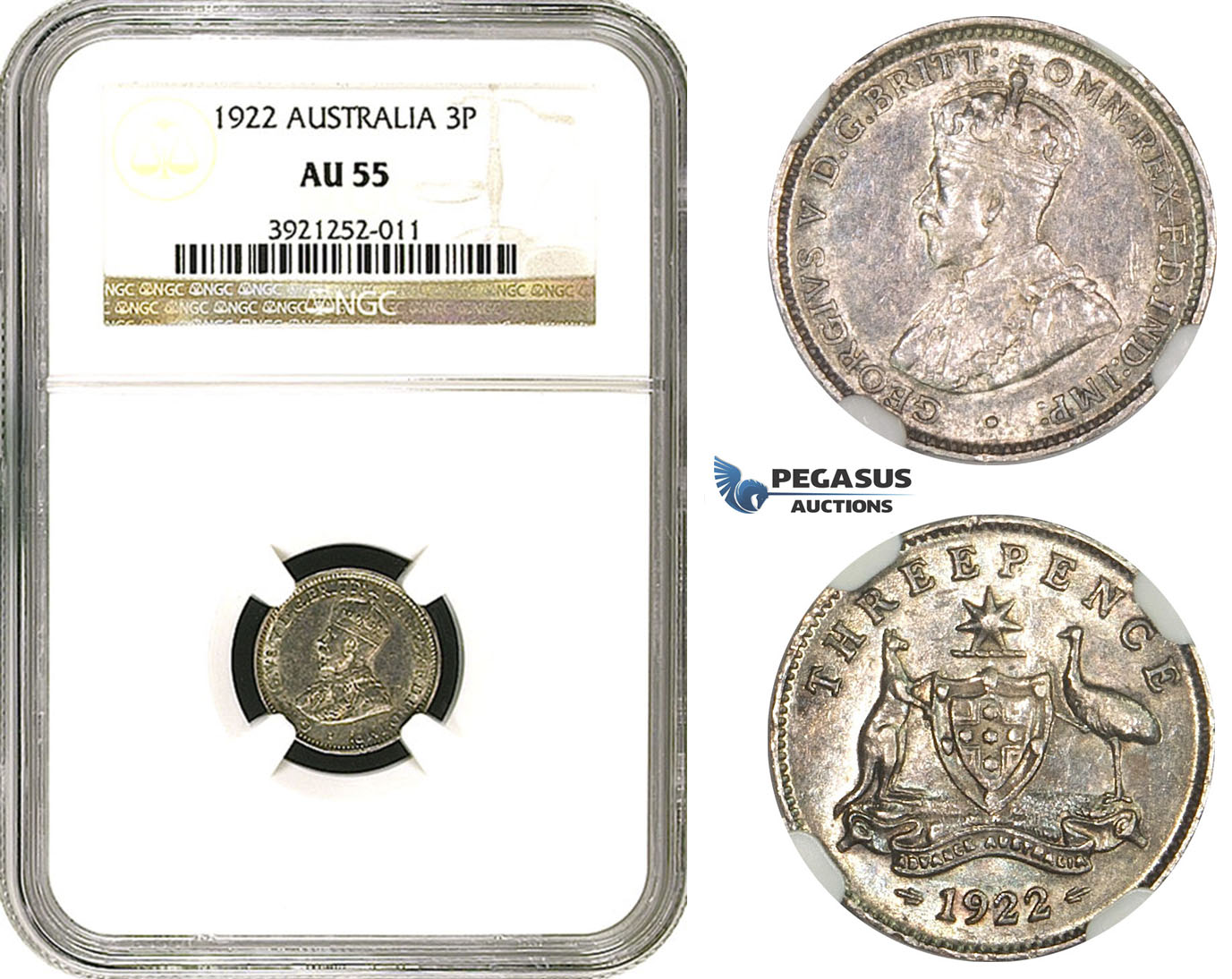 AA103, Australia, George V, Sixpence 1922, Silver, NGC AU55