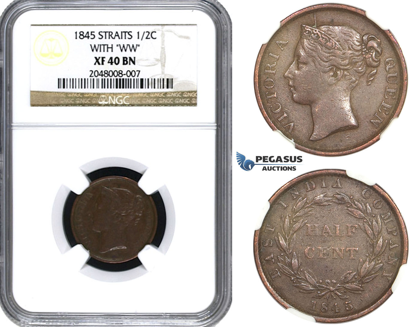 AA163, Straits Settlements, Victoria, 1/2 Cent 1845 WW, NGC XF40BN