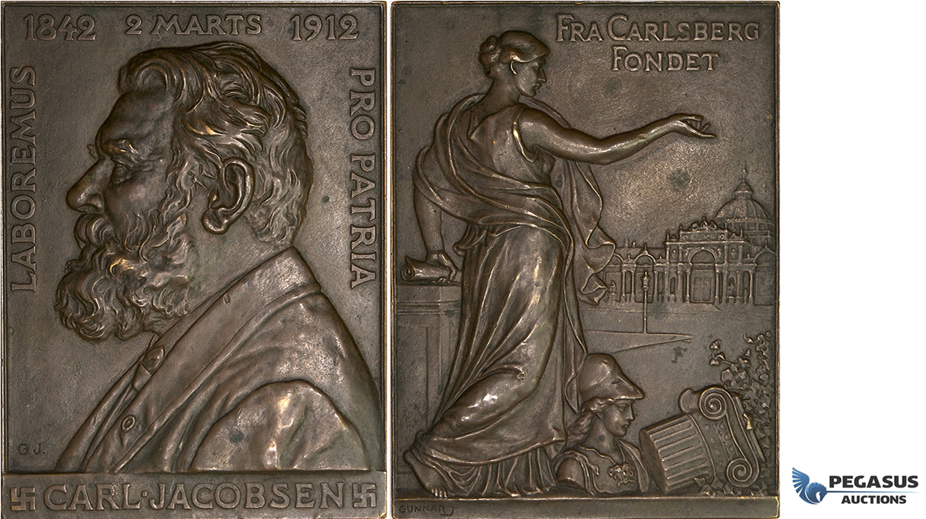 AA177, Denmark, Bronze Plaque Medal 1912 (70x52mm, 115g) by Gunnar, Carlsberg Brewery, Carl Jacobsen, Swastika