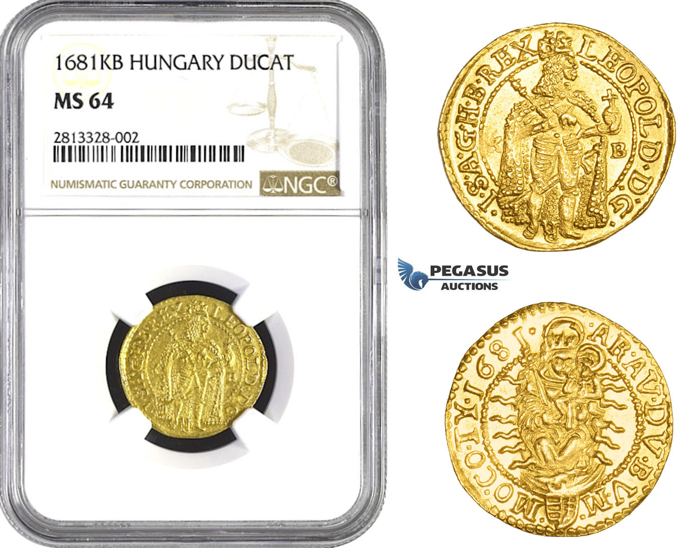 AA254, Hungary, Leopold, Ducat 1681-KB, Kremnitz, Gold, NGC MS64, Pop 1/0, Finest! Rare!