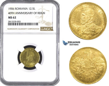 AA262, Romania, Carol I, 12 1/2 Lei 1906, Brussels, Gold, NGC MS62