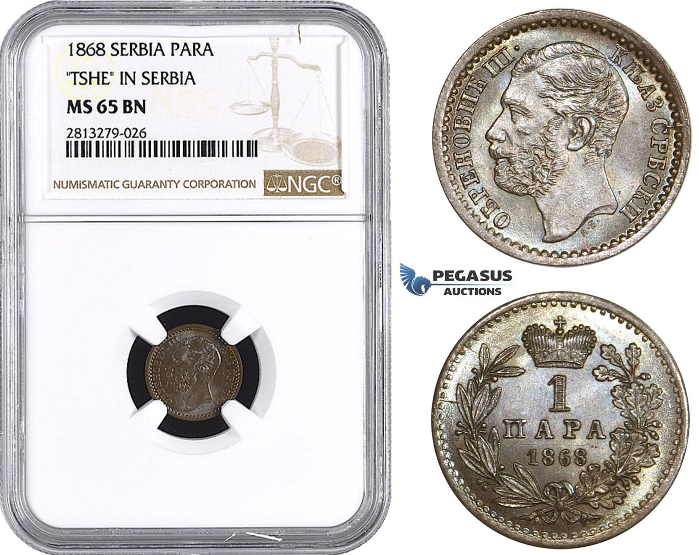 AA264, Serbia, M. Obrenovic III, 1 Para 1868, NGC MS65BN "TSHE" In Serbia