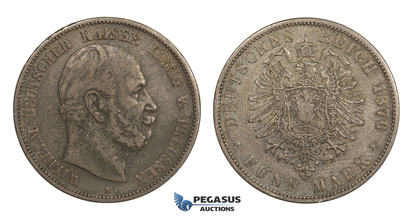 AA292, Germany, Prussia, Wilhelm I, 5 Mark 1876-A, Berlin, Silver, Toned aVF