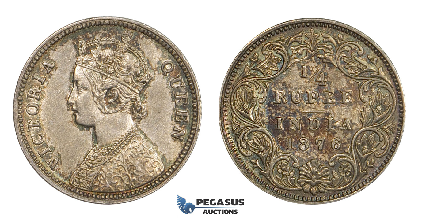 AA295, India (British) Victoria, 1/4 Rupee 1876, Silver, Toned AU-UNC