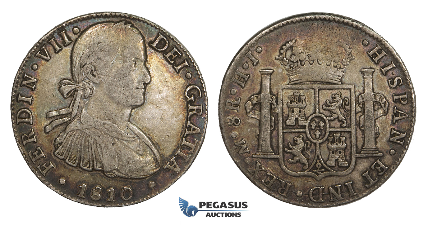 AA306, Mexico, Ferdinand VII, 8 Reales 1810 Mo HJ, Mexico City, Silver, Toned VF (weak strike)