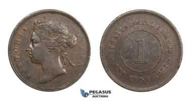 AA315, Straits Settlements, Victoria, Cent 1877, Brown VF-XF