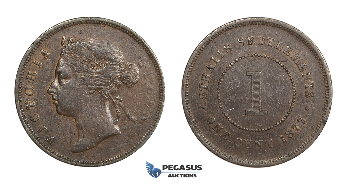 AA315, Straits Settlements, Victoria, Cent 1877, Brown VF-XF