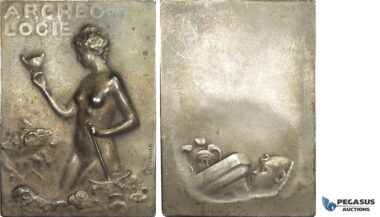 AA327, France, Silvered Bronze Art Nouveau Plaque Medal 1903 (70x50mm, 91.6g) by Vernier, Archeologie, Egyptian Bust