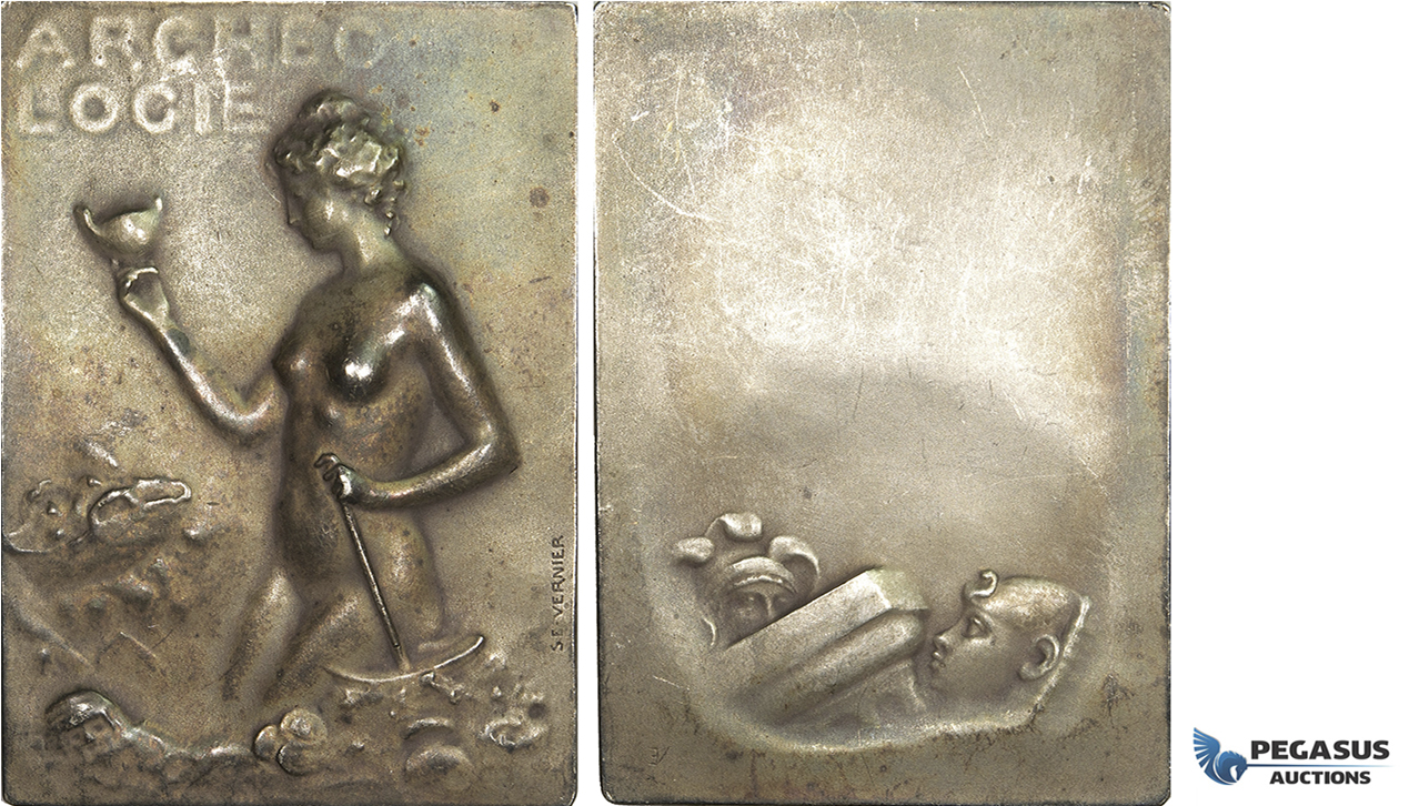 AA327, France, Silvered Bronze Art Nouveau Plaque Medal 1903 (70x50mm, 91.6g) by Vernier, Archeologie, Egyptian Bust