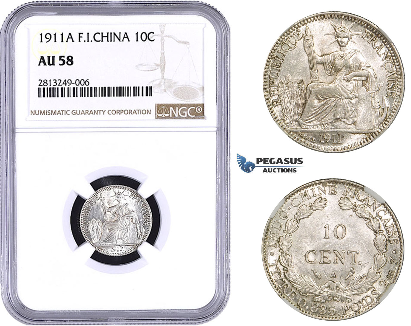 AA346-R, French Indo-China, 10 Centimes 1911-A, Paris, Silver, NGC AU58
