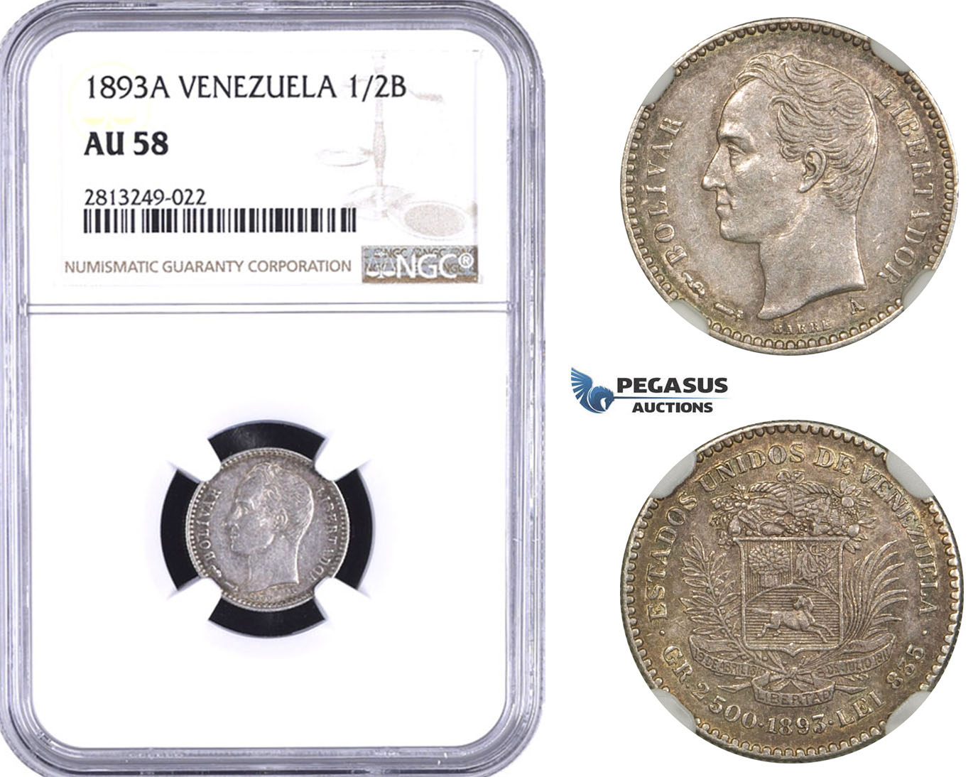 AA359-R, Venezuela, 1/2 Bolivar 1893-A, Paris, Silver, NGC AU58