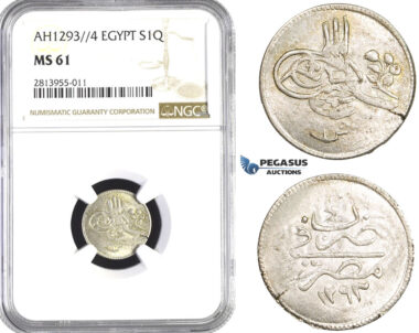 AA381, Ottoman Empire, Egypt, Abdülhamid II, 1 Qirsh AH1293/4, Misr, Silver, NGC MS61
