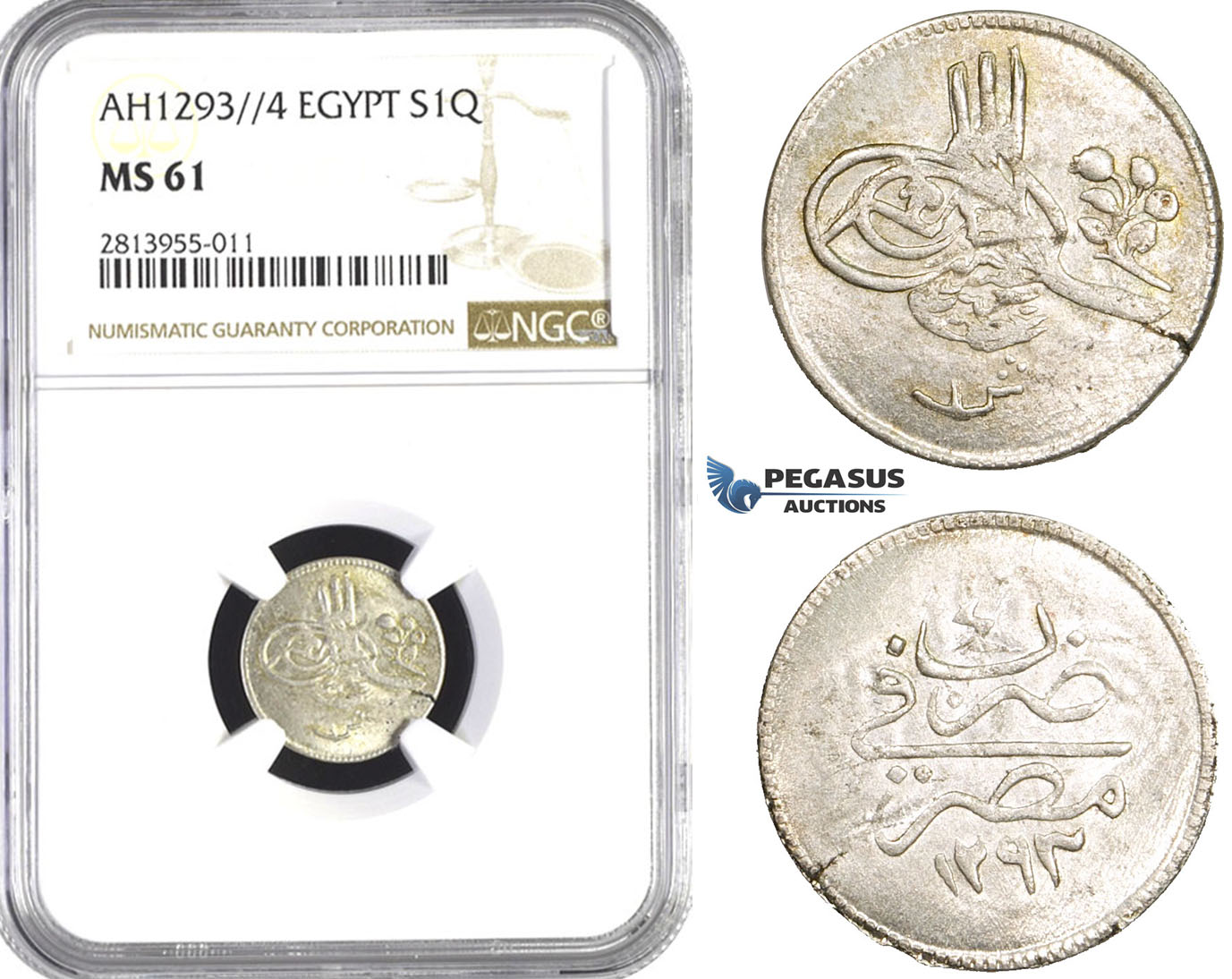 AA381, Ottoman Empire, Egypt, Abdülhamid II, 1 Qirsh AH1293/4, Misr, Silver, NGC MS61