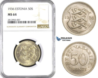 AA383, Estonia, 50 Senti 1936, NGC MS64