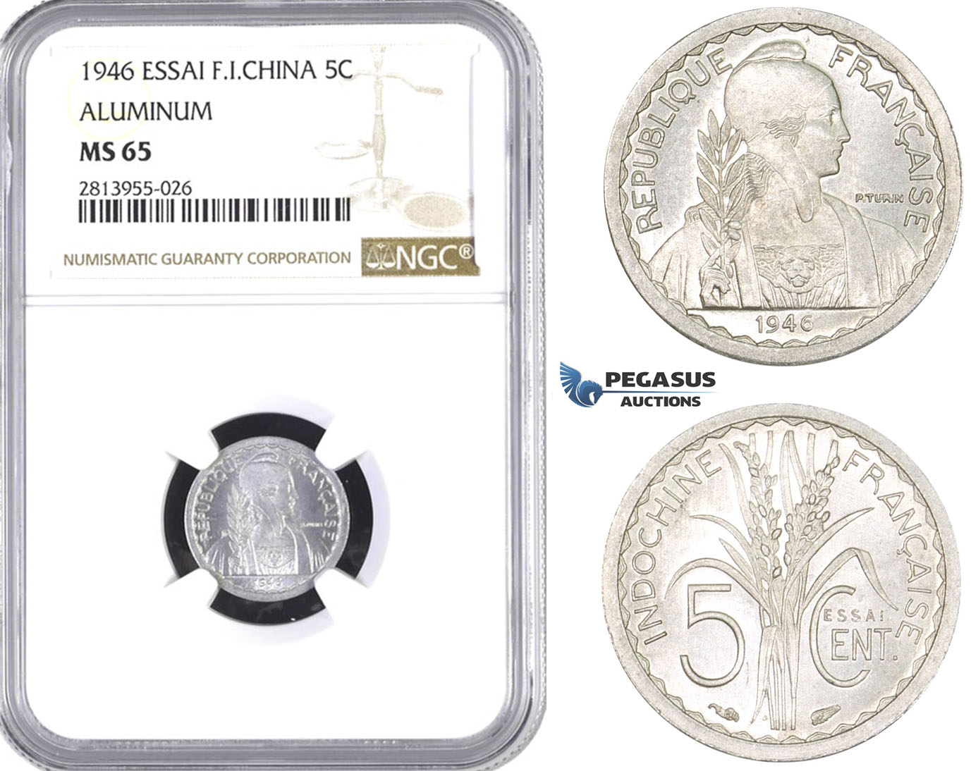 AA396, French Indo-China, ESSAI 5 Centimes 1946, Paris, NGC MS65