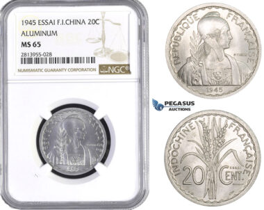 AA398, French Indo-China, ESSAI 20 Centimes 1945, Paris, NGC MS65