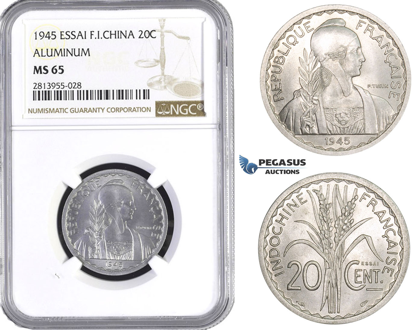 AA398, French Indo-China, ESSAI 20 Centimes 1945, Paris, NGC MS65