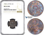 AA417, Latvia, 2 Santimi 1926, NGC MS65BN, Pop 3/0