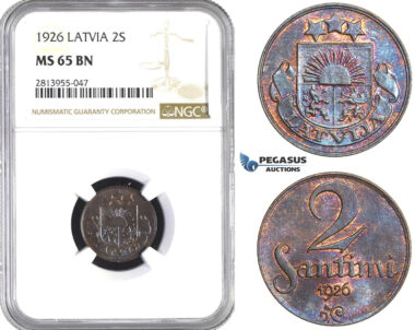 AA417, Latvia, 2 Santimi 1926, NGC MS65BN, Pop 3/0