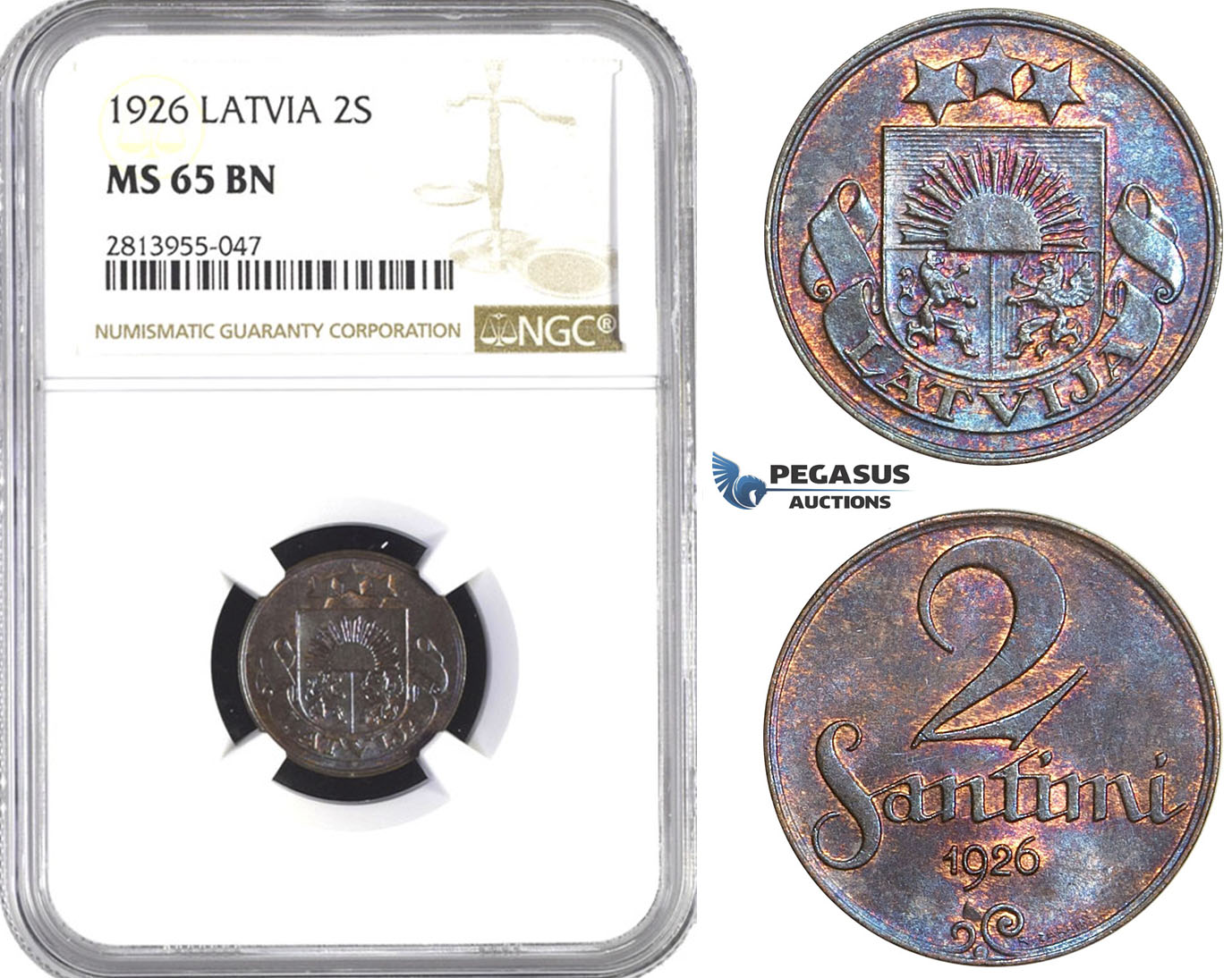 AA417, Latvia, 2 Santimi 1926, NGC MS65BN, Pop 3/0