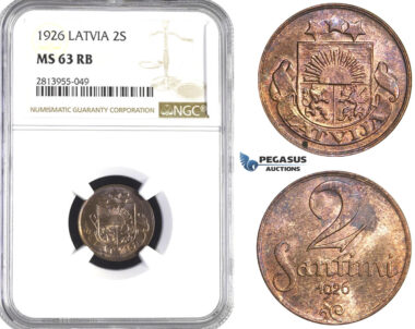 AA419, Latvia, 2 Santimi 1926, NGC MS63RB