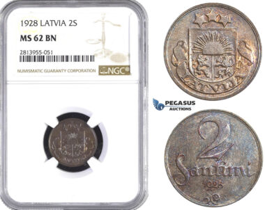 AA421, Latvia, 2 Santimi 1928, NGC MS62BN