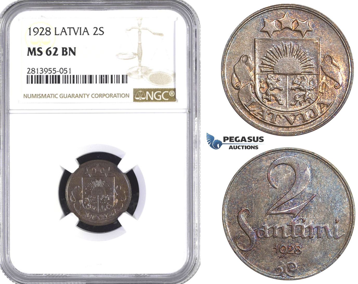 AA421, Latvia, 2 Santimi 1928, NGC MS62BN