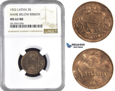 AA424, Latvia, 5 Santimi 1922 Name Below Ribbon, NGC MS62RB
