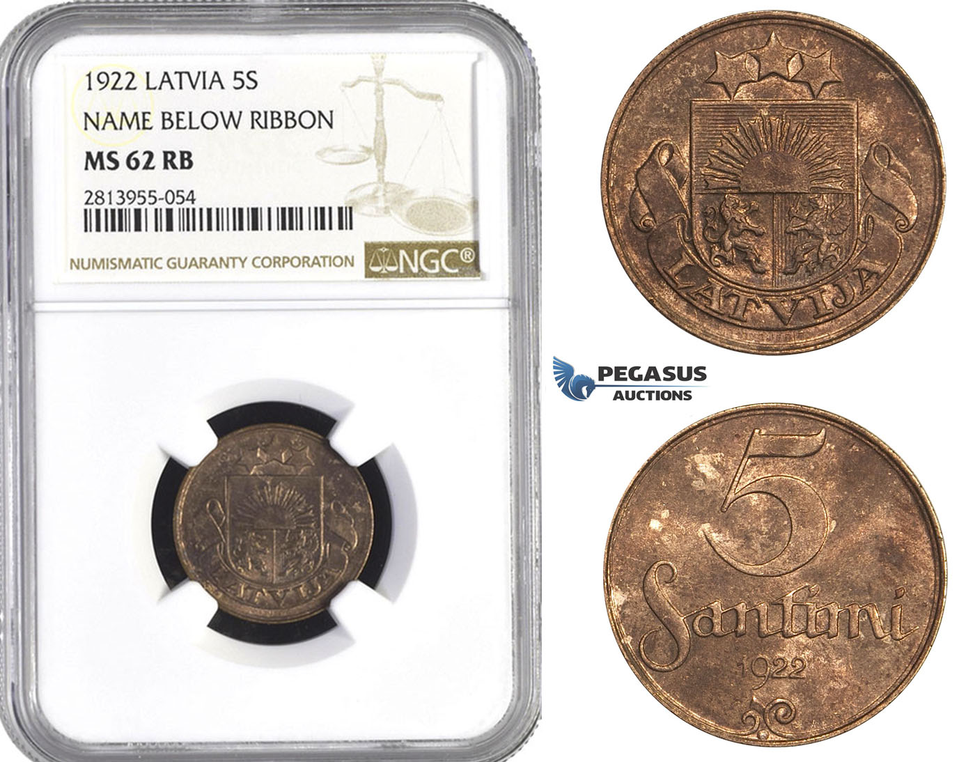 AA424, Latvia, 5 Santimi 1922 Name Below Ribbon, NGC MS62RB