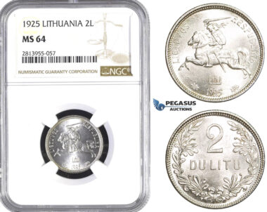 AA428, Lithuania, 2 Litu 1925, SIlver, NGC MS64