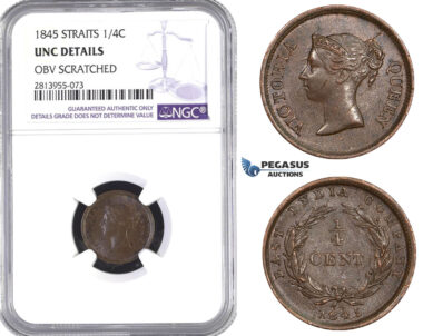 AA441, Straits Settlements, Victoria, 1/4 Cent 1845, NGC UNC Details "Obv Scratched"