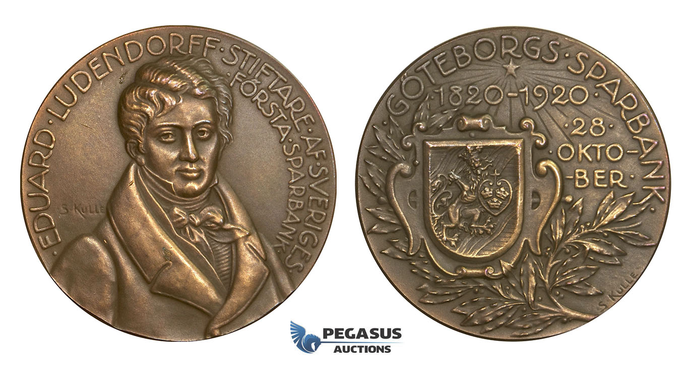 AA463, Sweden, Bronze Medal 1920 (Ø45mm, 42g) by Kulle, Goteborg Savings Bank, Rare!