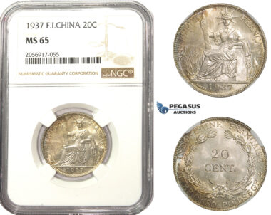 AA481, French Indo-China (Vietnam) 20 Centimes 1937, Silver, NGC MS65