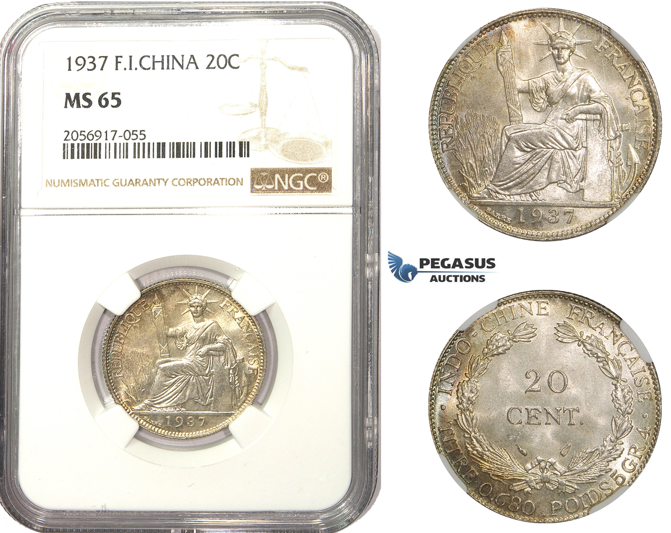 AA481, French Indo-China (Vietnam) 20 Centimes 1937, Silver, NGC MS65