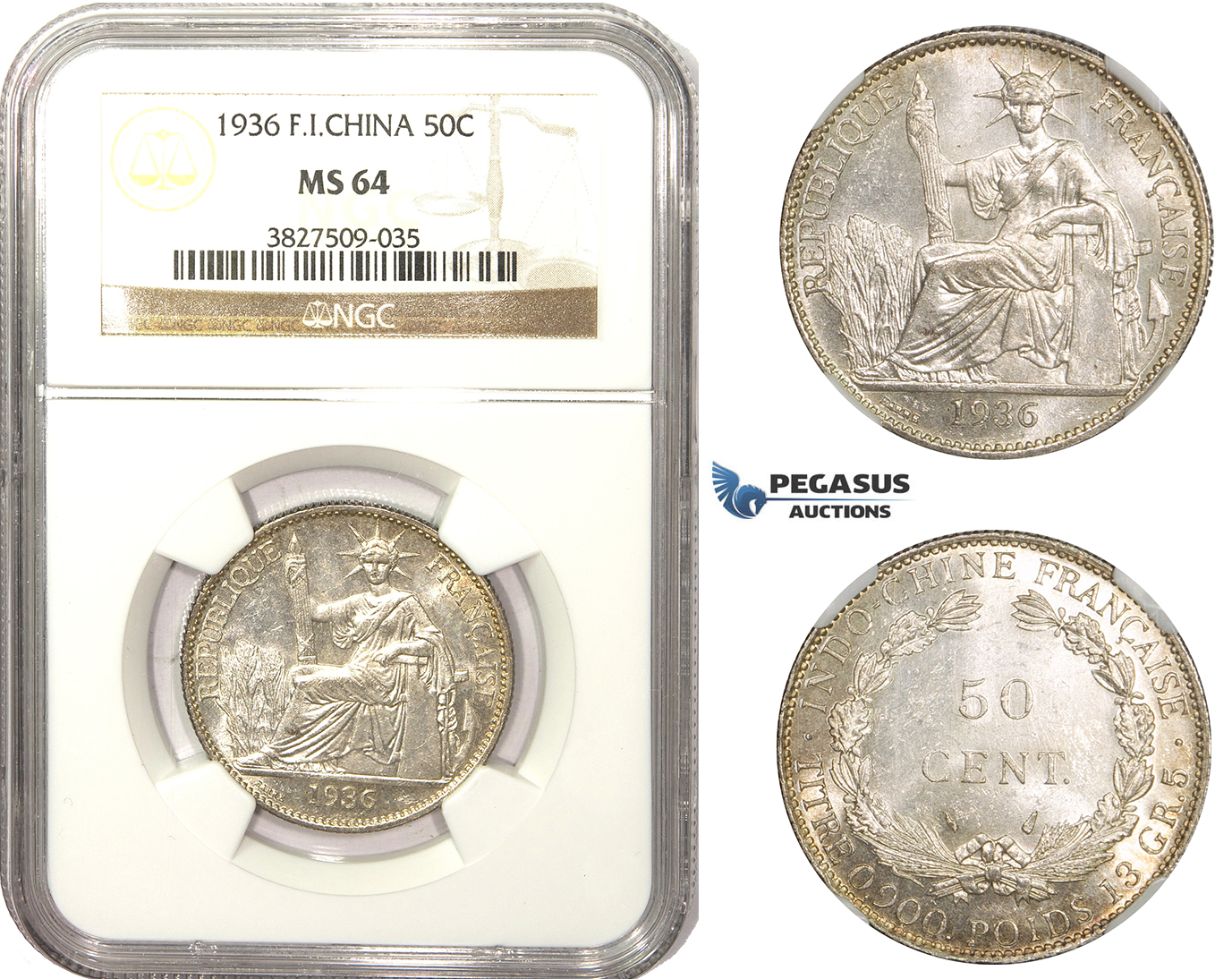 AA482, French Indo-China, 50 Centimes 1936, Paris, Silver, NGC MS64