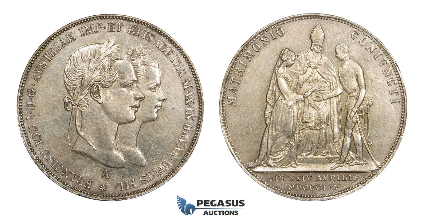 AA520, Austria, Franz Joseph, Double Gulden 1854, Vienna, Silver, Wedding, Cleaned AU