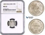 AA523, Bulgaria, Alexander, 50 Stotinki 1883, St. Petersburg, Silver, NGC MS63