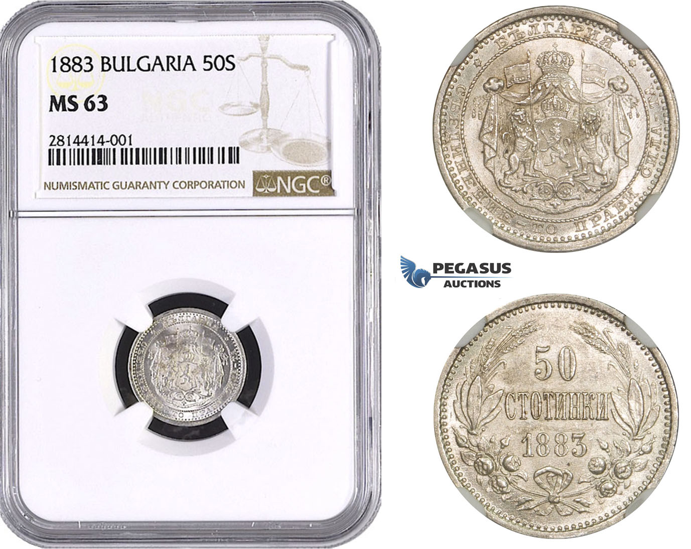 AA523, Bulgaria, Alexander, 50 Stotinki 1883, St. Petersburg, Silver, NGC MS63