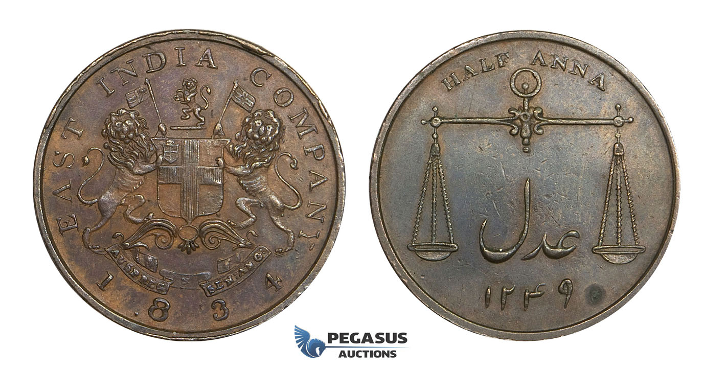 AA546, India, Bombay Presidency, 1/2 Anna 1834, XF-AU
