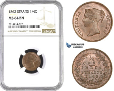 AA566, Straits Settlements, Victoria, 1/4 Cent 1862, NGC MS64BN, Pop 2/1, Rare Grade!