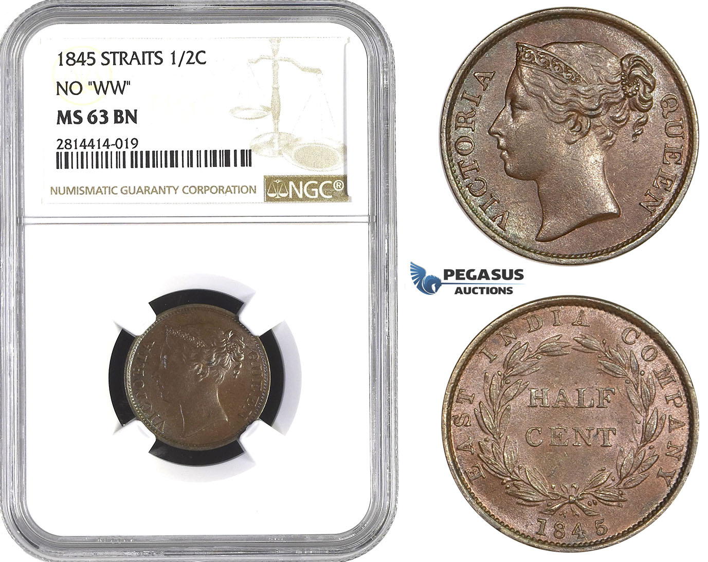 AA568, Straits Settlements, Victoria, 1/2 Cent 1845 no WW, NGC MS63BN, Pop 7/2, Rare!