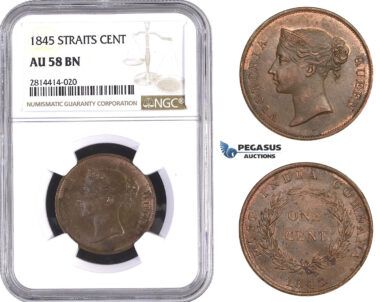 AA569, Straits Settlements, Victoria, 1 Cent 1845, NGC AU58BN