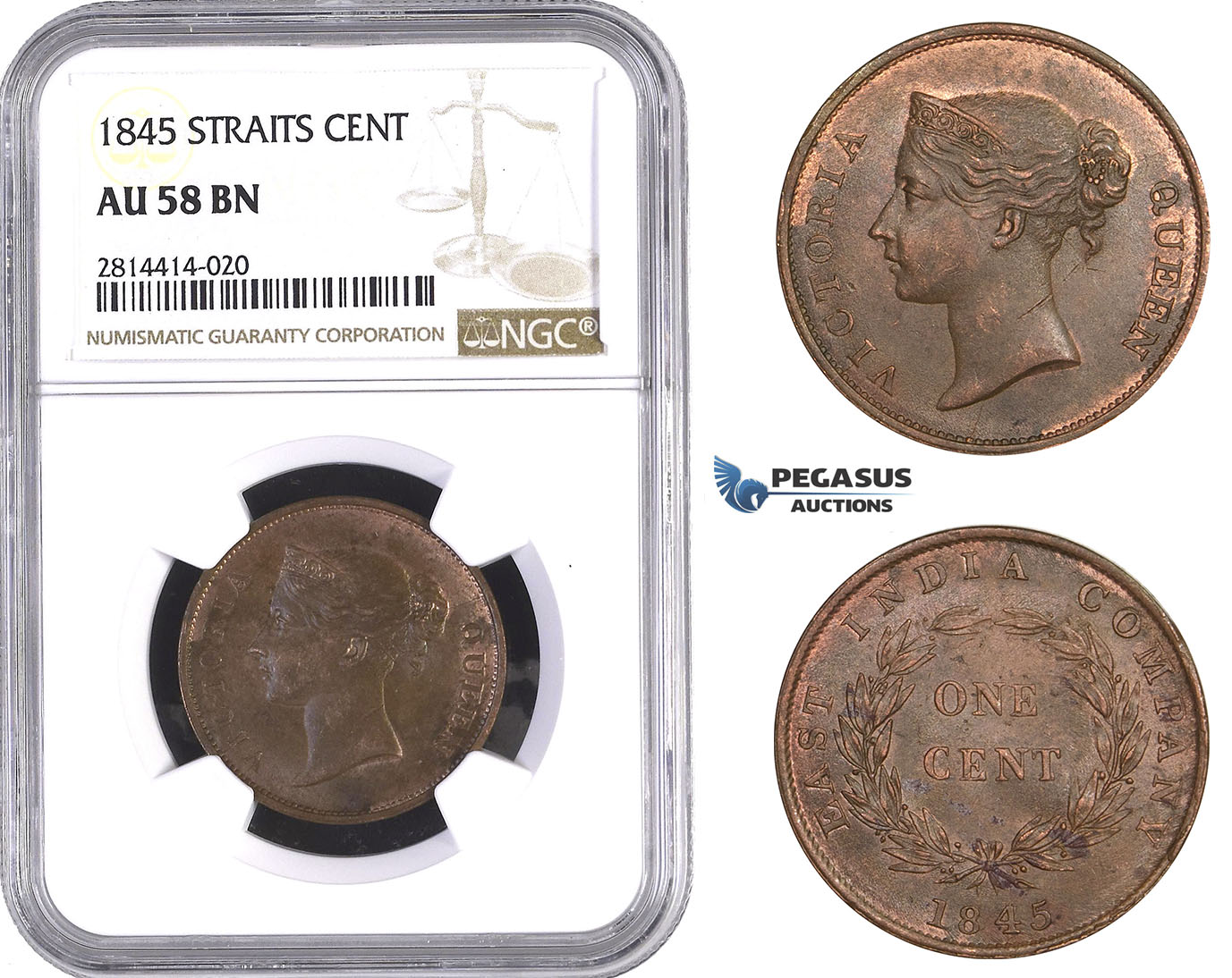 AA569, Straits Settlements, Victoria, 1 Cent 1845, NGC AU58BN